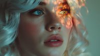 Young woman with blonde hair in dramatic lighting with colorful light patterns projected across her face creating an ethereal, dreamlike portrait.