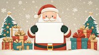 Santa Claus holding blank white sign surrounded by Christmas trees and colorful gift boxes with falling snowflakes on beige background for holiday promotions.