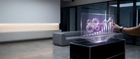 Businessman hand touching holographic display with gears and growth chart in modern office space for business analytics and data visualization concepts.
