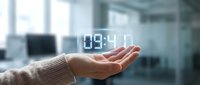 Businesswoman holding digital clock display showing time in modern office environment, representing time management and productivity.
