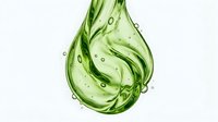 Green liquid splash with dynamic swirling motion and droplets isolated on white background for beverage advertising and product design concepts.