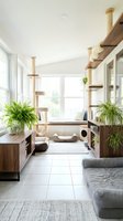 Modern living room interior with cat tree furniture and houseplants creating pet-friendly home environment for feline companions and contemporary lifestyle.