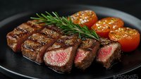 Juicy sliced medium rare beef steak with fresh rosemary and grilled cherry tomatoes served on black plate, close up view showing meat texture and grill marks.
