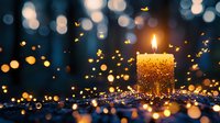 Glowing golden candle surrounded by sparkling glitter and bokeh lights creating magical holiday atmosphere against dark blue background.
