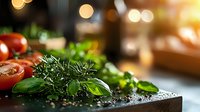 Fresh herbs and cherry tomatoes on dark stone board with water drops and golden bokeh lights in background, macro food photography for restaurant menu.