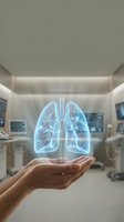 Holographic lungs floating above open palm in modern medical facility representing respiratory health technology and healthcare innovation.
