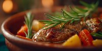 Roasted chicken leg with fresh rosemary, colorful vegetables and herbs in rustic ceramic bowl. Homemade comfort food for restaurant menu and cooking content.