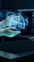 Medical professional hands in gloves holding holographic lungs projection with digital particles in modern healthcare technology laboratory setting.