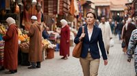 Caucasian businesswoman walking through traditional Middle Eastern marketplace with local vendors selling fresh produce and goods in busy souk atmosphere.