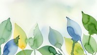 Watercolor botanical leaves border with green and blue tones on white background for natural design projects and organic branding materials.