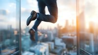 Young Asian woman in business attire jumping against urban cityscape background with sunset light and glass reflections, expressing success and achievement in corporate world.