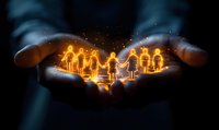 Glowing golden figures of people held in caring hands against dark background, symbolizing community support, unity and human connection in social care concept.