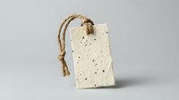 Cream colored rectangular soap bar with natural exfoliating particles and jute twine loop, isolated on white background for packaging design and product marketing.
