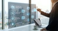 Professional businessman interacting with digital interface displaying modern file management system icons in bright office environment with city view.