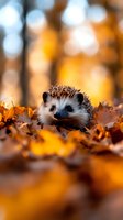 Cute hedgehog surrounded by golden autumn leaves with blurred fall foliage background, perfect for seasonal wildlife and nature content.