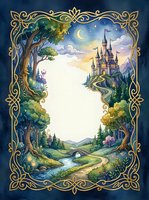 Enchanted fairy tale landscape with medieval castle, ornate golden frame, magical forest scene, crescent moon and stars for fantasy storytelling designs.