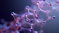 Glowing pink and purple molecular structure on dark background with bokeh effect shows scientific concept of chemistry, biology and nanotechnology research.