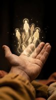 Adult male hand holding glowing silhouettes of family members with magical light effects against dark background. Represents care, protection, unity, and support for loved ones.