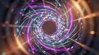 Glowing spiral vortex with neon purple and cyan light trails creating a dynamic tunnel effect, suitable for technology, science fiction, and digital motion graphics backgrounds.