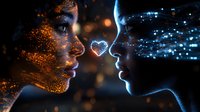 Romantic couple faces in profile with glowing particle effects, one in gold sparkles and one in blue light, heart shape between them creating magical atmosphere.