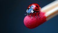 Vibrant red ladybug with black spots perched on tip of red matchstick against dark background, showcasing intricate details and natural beauty.