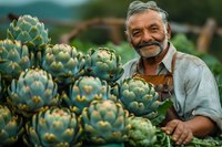 Cheerful senior Hispanic farmer harvesting fresh artichokes in organic garden, wearing work clothes and showing genuine smile while tending to vegetable crop.