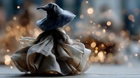 Mysterious witch figurine with pointed hat and flowing fabric dress against blurred bokeh lights, creating magical Halloween atmosphere.