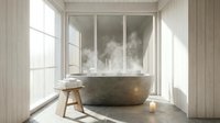 Spa bathroom with concrete bathtub, wooden stool, candles, and window view of misty forest landscape for wellness and relaxation design projects.