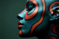African woman with artistic orange spiral body paint on teal skin in dramatic side profile against dark background, showcasing creative makeup artistry.