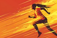 Athletic African American woman sprinting with dynamic motion effect against vibrant orange background showing speed, power and determination in sports.