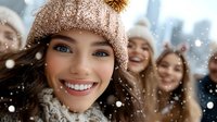 Young woman with bright smile wearing winter beanie during snowfall, friends enjoying seasonal outdoor activities in background, natural joyful expression.