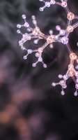 Pink glowing molecular structure with connected atoms and bonds on dark blurred background for scientific research and chemistry education presentations.