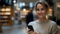 Young blonde Caucasian woman holding smartphone in modern office or coworking space with warm lighting and blurred background for business communication concepts.
