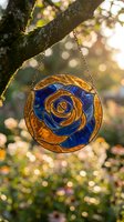 Stained glass rose suncatcher hanging from tree branch with warm sunlight and bokeh background creating peaceful garden atmosphere for home decor and meditation.