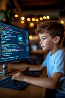 Young Caucasian boy in blue t-shirt learning programming, looking at computer screen with code in dark room illuminated by warm bokeh lights, focused on educational process.