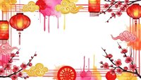 Chinese New Year festive frame with red lanterns, cherry blossoms, golden clouds and traditional decorations on white background for holiday designs.