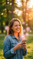 Happy young Caucasian woman using smartphone with heart emojis in golden hour sunlight. Social media dating app concept for romantic communication technology.