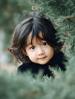 Young Asian child with dark wavy hair wearing black sweater peeks through green juniper branches in outdoor portrait setting, creating soft natural framing effect.
