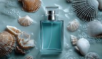 Elegant turquoise perfume bottle surrounded by seashells and water droplets on blue surface. Fresh ocean-inspired fragrance concept for cosmetic advertising.