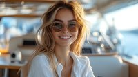 Young Caucasian woman with blonde hair wearing sunglasses and white shirt smiling broadly while relaxing on luxury yacht, natural sunlight creating warm atmosphere.