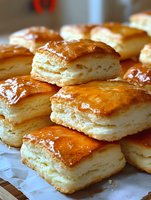 Golden flaky puff pastry squares with glossy caramelized tops stacked on parchment paper for bakery menu or cooking blog content.