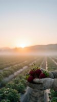 Fresh strawberries in farmer hands at sunrise over agricultural field rows. Organic fruit harvest concept for healthy eating and sustainable farming.
