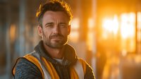 Confident middle-aged Caucasian construction worker in safety vest and hard hat smiling at camera during golden hour sunset on building site.