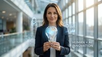 Professional businesswoman holding glowing lightbulb with digital innovation icons in modern office environment representing human AI collaboration and technology.