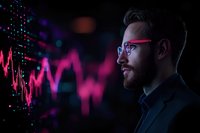Young Caucasian businessman in red glasses analyzing digital stock market data visualization on dark background with neon pink trading chart display.
