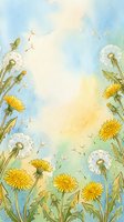 Watercolor dandelion meadow with yellow blooms and fluffy seed heads against a soft blue sky, with copy space for text.
