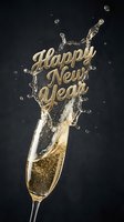 Champagne flute splashing with golden Happy New Year text on dark background, festive celebration concept for holiday cards and banners.