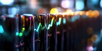 Glowing neon test tubes in dark laboratory setting with colorful bokeh background, scientific research concept showing chemical analysis process.