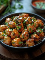 Glazed chicken meatballs garnished with fresh herbs in dark ceramic bowl on wooden surface. Close up view of appetizing Asian fusion cuisine with sauce.