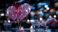Pink transparent balloons with sparkles against blurred bokeh background, romantic party setting with glowing candle and soft evening atmosphere.